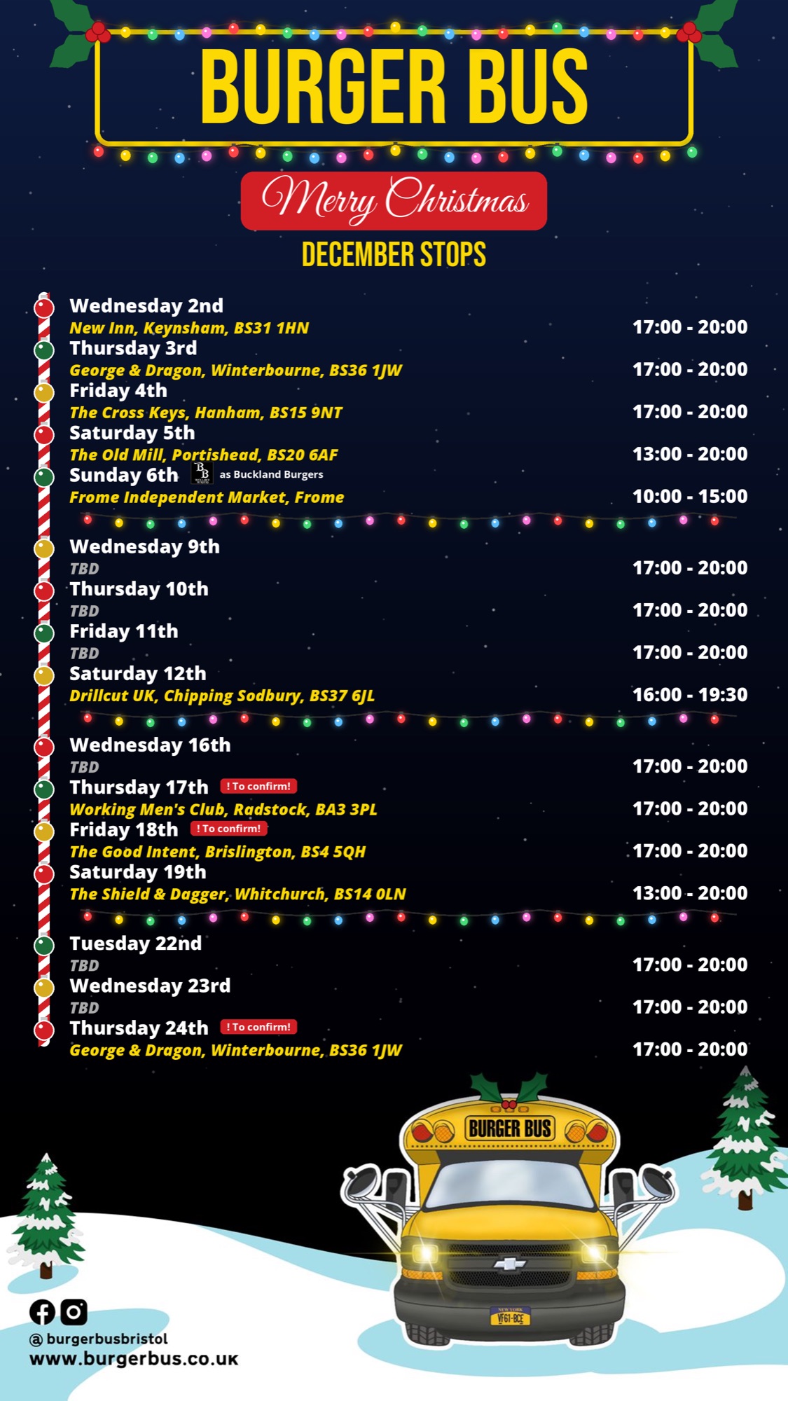 The Burger Bus December timetable: every stop this month